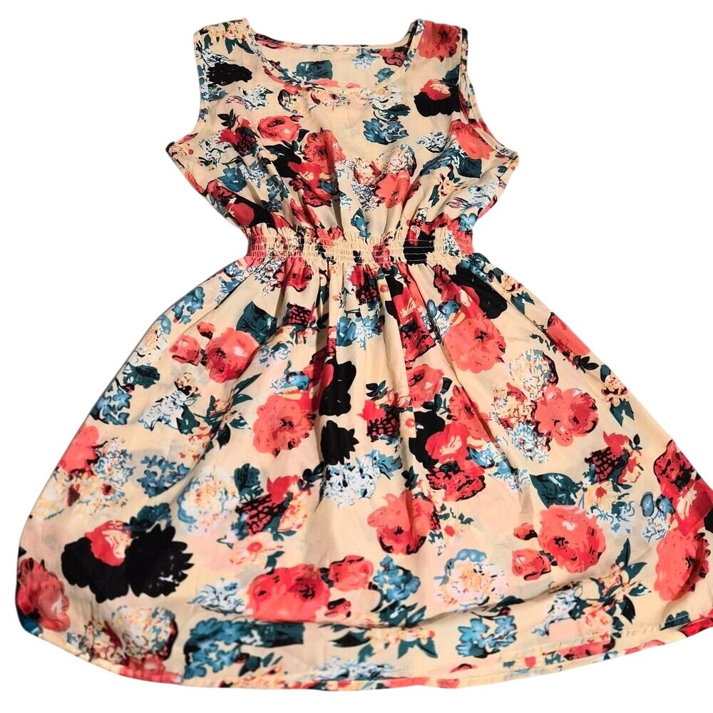 Drunken Tango Floral Smocked Waist Sleeveless Fit and Flare Dress Cream XXL
